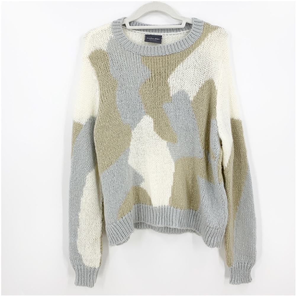 Wooden Ships Abstract Neutral Camo Wool Mohair Blend Loose Knit Sweater XS